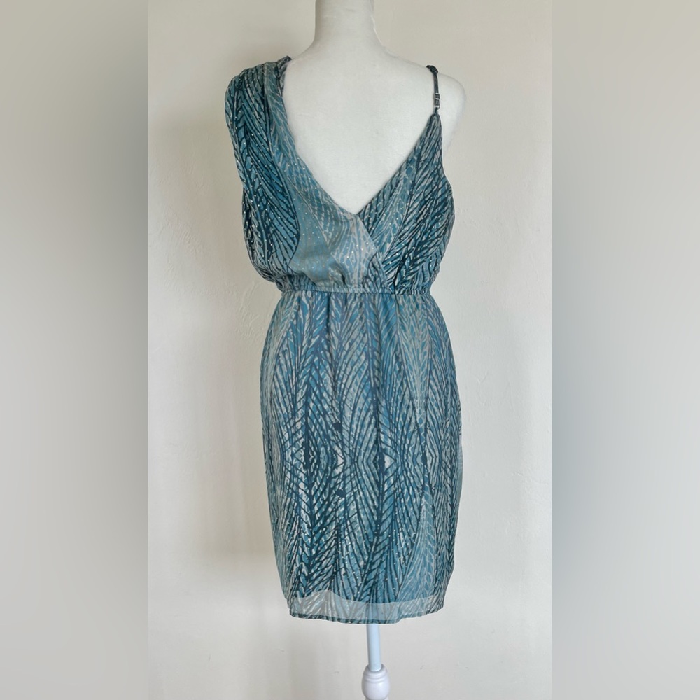 Charli Jade silk dress. Size XS, fits 4-6, faux wrap, blue with gold dots, NWT